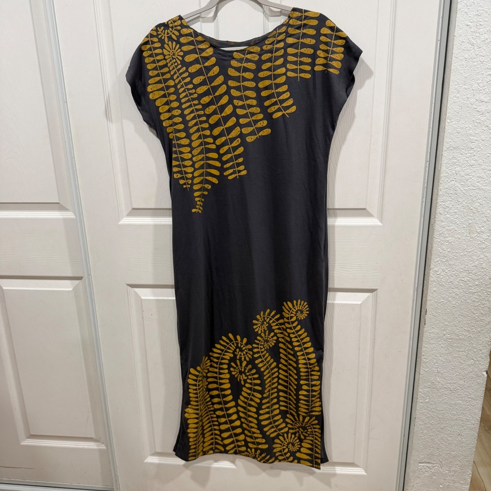 Raven + Lily Grey Yellow Fern Print Sustainable Midi Shift Dress Large
